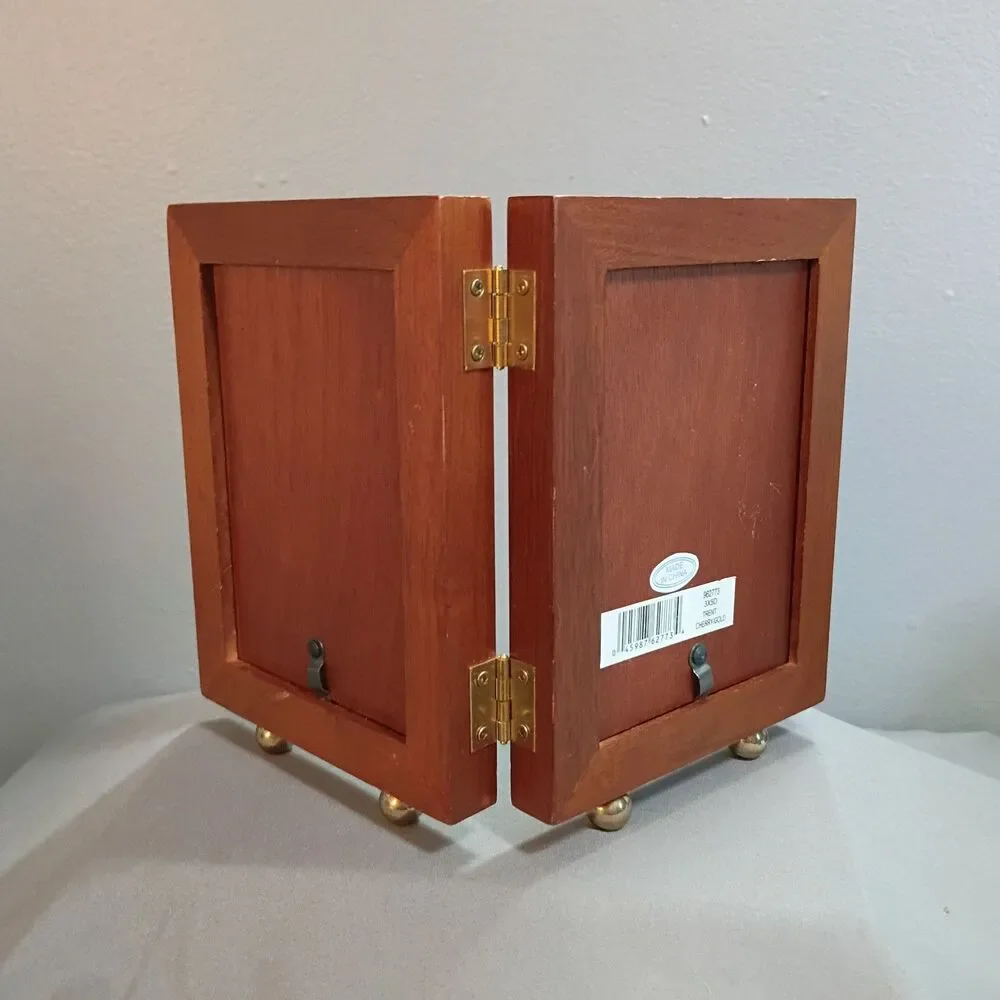 Picture Frame Hinged Wood Double 3.5x5 Folding Display Gold Plated Accents